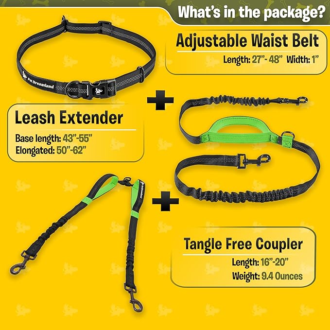 Pet Dreamland Exquisite Hands Free Leash for Two Large Dogs. Premium Quality & Versatile Waist Leash for Dog Walking No Tangle. You Will Absolutely Love This Amazing 2 Dog Gear (Black & Green)