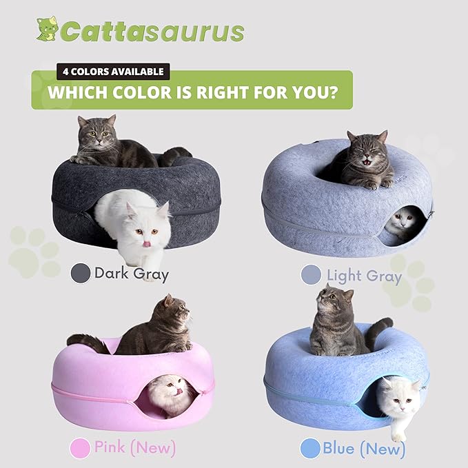Cattasaurus Peekaboo Cat Cave Donut for Multiple & Large Cats up to 30-45 lbs, 3-in-1 Self Warming Cat Bed, Tunnel & Scratcher for Indoor Cats, Washable & Detachable Small Dog Bed (Light Gray, Large)
