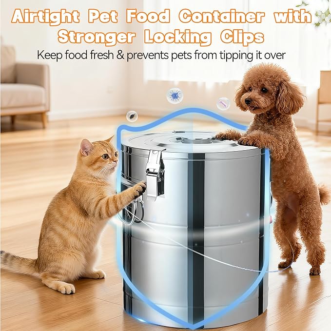 40lb Stainless Steel Dog Food Storage Container, Large Capacity Metal Pet Food Storage Container with Scoop, Airtight Dog & Cat Food Treat Bin for Dry Food Keep Fresh for Multi-Pet Households