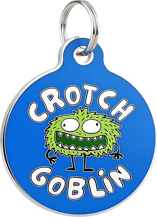 Bad Tags Personalized Dog & Cat ID Tags - Choose from 25+ Tag Designs - Free 5 Lines Custom Engraved - Unique, Cute, Funny, Sassy Pet Tag (Crotch Goblin, Large (1.25 inch))