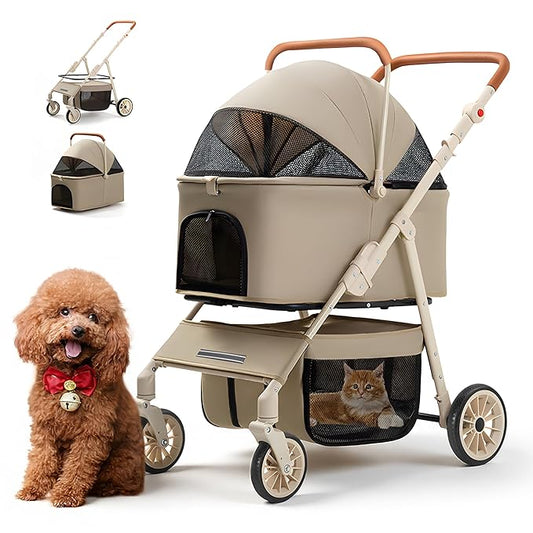 3 in 1 Pet Stroller with Removable Carrier, Foldable Pet Carrier for Small/Medium Dogs and Cats Up to 55 Lbs, 4 Wheels, Car Seat, One Click Folding Stroller for Travel & Outdoor