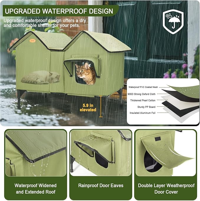 Heated Outdoor Cat House Weatherproof for Winter - Extra Large Heated Cat House for Outside, Elevated Bed, Escape Door, Fully Insulated Feral Cat Shelter for Multiple Cats Small Dogs, Easy Assembly