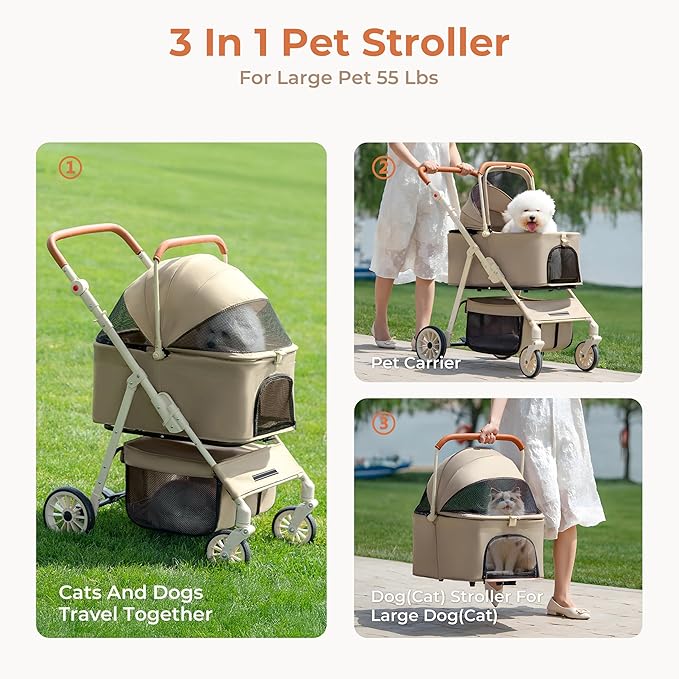 3 in 1 Pet Stroller with Removable Carrier, Foldable Pet Carrier for Small/Medium Dogs and Cats Up to 55 Lbs, 4 Wheels, Car Seat, One Click Folding Stroller for Travel & Outdoor