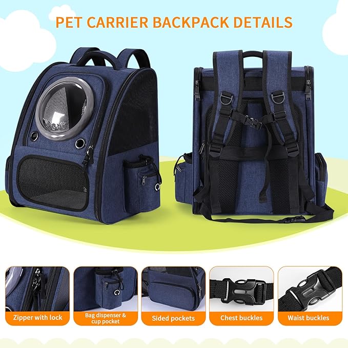 Bubble Cat Backpack Carrier, Expandable Cat Carrier Backpack,Breathable Pet Backpack for Medium Cat,Kitten and Small Puppy, Large Space,Portable Bags Foldable Dog Backpack for Traveling,Hiking (Blue)