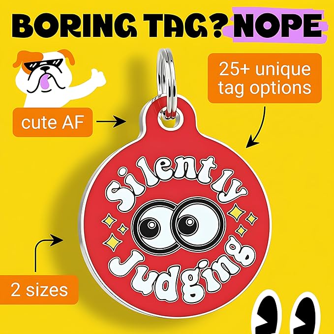 Bad Tags Personalized Dog & Cat ID Tags - Choose from 25+ Tag Designs - Free 5 Lines Custom Engraved - Unique, Cute, Funny, Sassy Pet Tag (Silently Judging - Red, Large (1.25 inch))