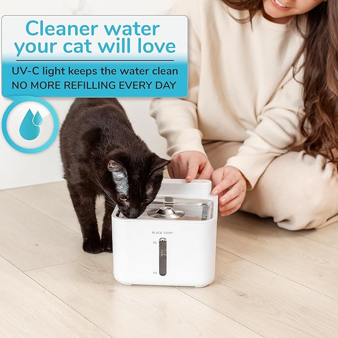 BLACK SWIFT UV-C Clean Cat Water Fountain – 108 oz Stainless Steel, BPA-Free Cordless Pet Fountain with Quiet Pump & 4-Stage Filter