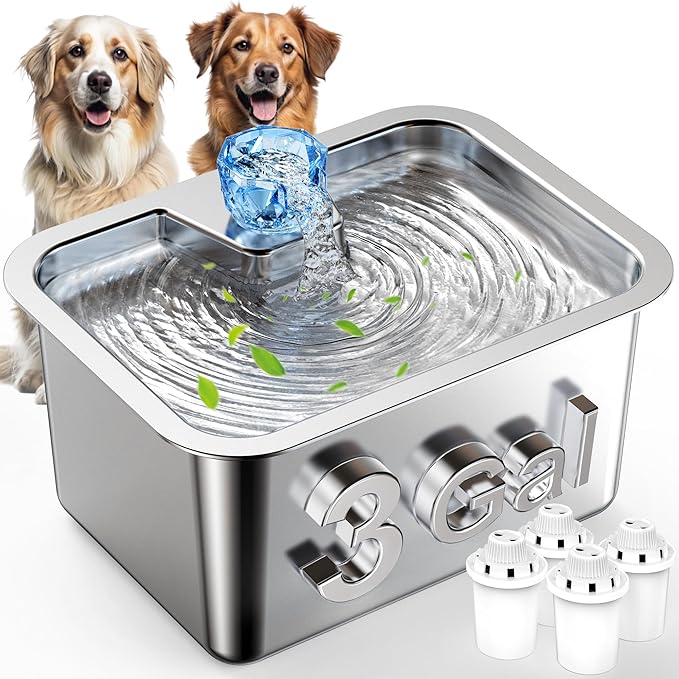 Large Dog Water Fountain Stainless Steel,3 Gallon Extra Big Pet Water Fountain for Large Dogs with 4 Filters,Automatic Dog Bowl Dispenser,Easy to Clean,Quiet Pump