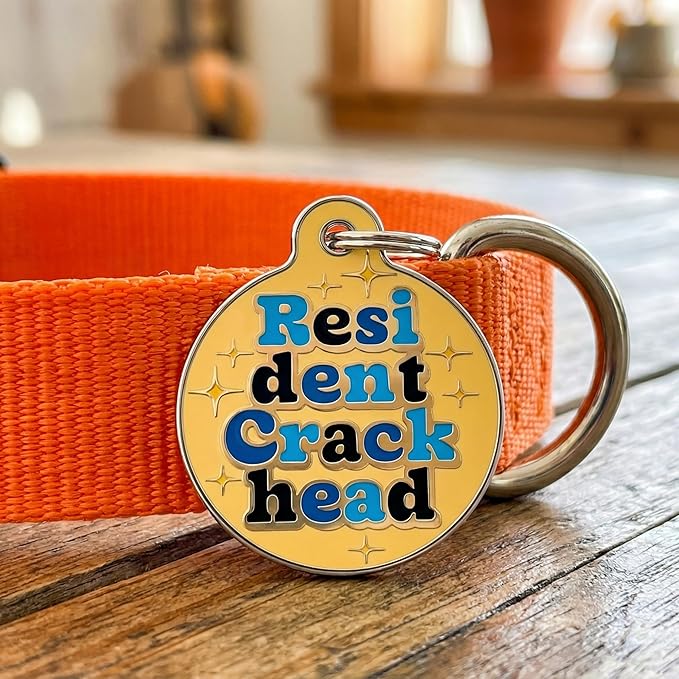 Bad Tags Personalized Dog & Cat ID Tags - Choose from 25+ Tag Designs - Free 5 Lines Custom Engraved - Unique, Cute, Funny, Sassy Pet Tag (Resident Crackhead - Orange, Large (1.25 inch))