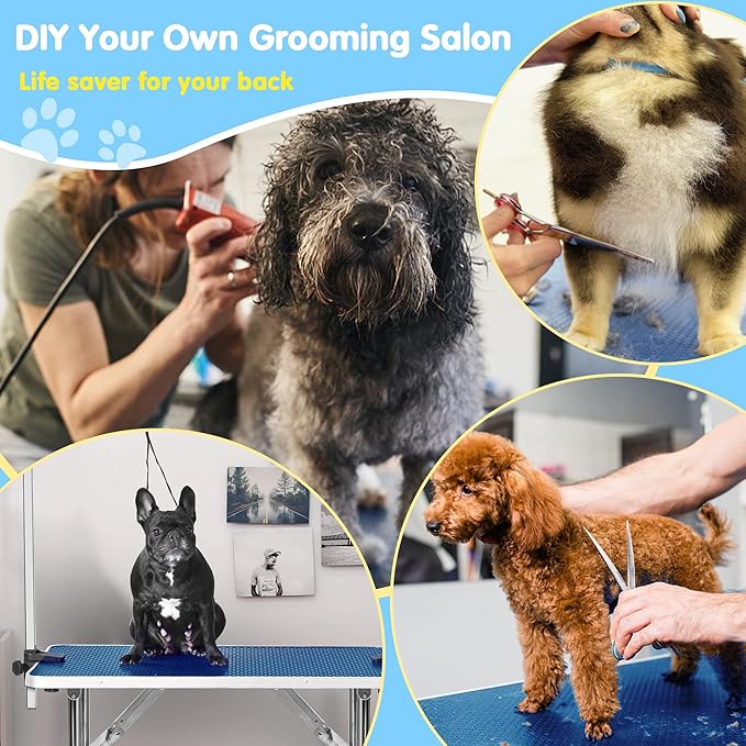 Lyromix 46''Large Dog Grooming Table, Adjustable Cat Drying Desktop with Arms, Nooses, Mesh Tray, Foldable Pet Station at Home, Maximum Capacity Up to 330Lb, 46inch, Blue