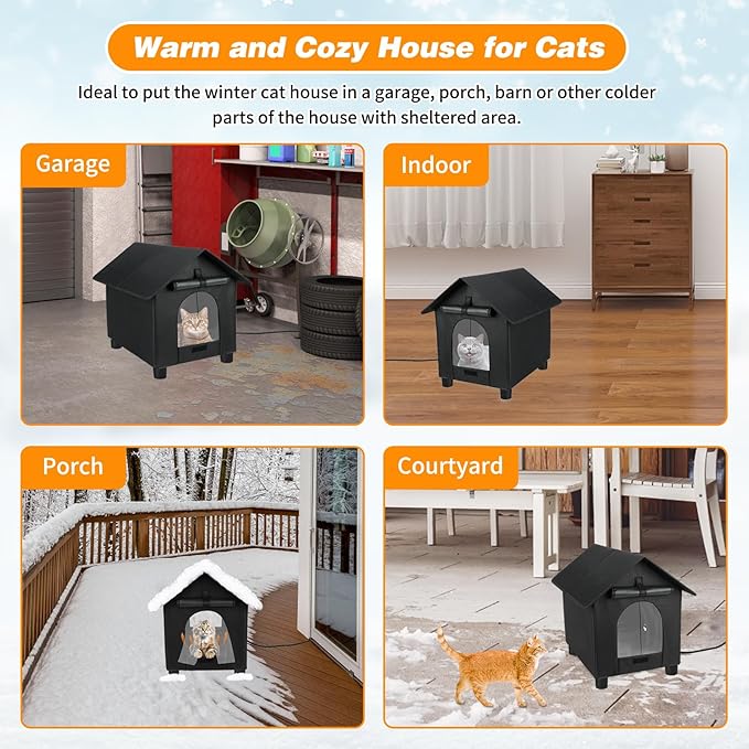 BWOGUE Elevated Heated Cat House for Outdoor Cats in Winter, Waterproof & Insulated Feral Cat Shelter for Outside Cats,Weatherproof Feral Cat House for Outside (Black, XL)