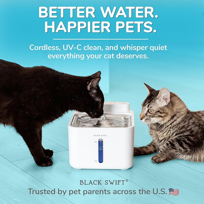 BLACK SWIFT UV-C Clean Cat Water Fountain – 108 oz Stainless Steel, BPA-Free Cordless Pet Fountain with Quiet Pump & 4-Stage Filter