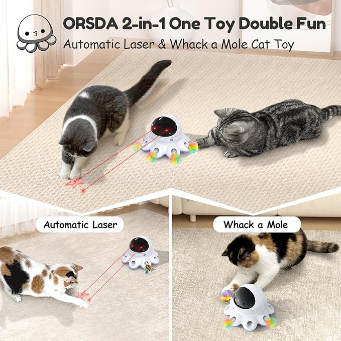 ORSDA Cat Laser Toy, 2-in-1 Interactive Automatic Motion Activated Moving 8 Holes Whack A Mole Feather, USB Rechargeable Electronic Smart Sensor Kitten Toys for Indoor Exercise
