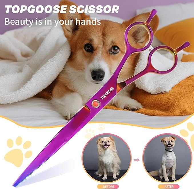 TOPGOOSE 7.5'' Dog Straight Scissors for Grooming 440C Stainless Steel Professional Pet Trimming Scissors Sharp Blades Cutting for Dogs and Cats Shears (Straight, Purple)