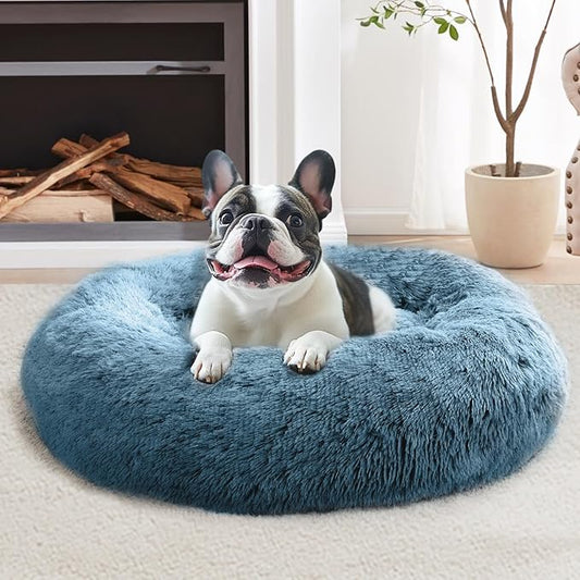 JOLLYVOGUE Calming Dog Beds Large Sized Dog, 36in Donut Washable Large Pet Bed, Anti-Slip & Anti-Anxiety Fluffy Faux Fur Round Dogs Bed, Fits up to 80 lbs Pets (Blue)