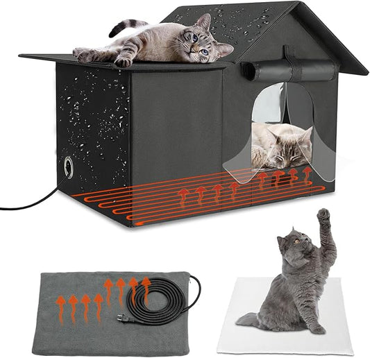 Large Heated Cat House for Outdoor Cats in Winter, Weatherproof Feral Cat Shelter with 2 Pads, Collaspable Insulated Cat Kennel Outside Stray Cat Hut for Wild Small Animal Rabbit
