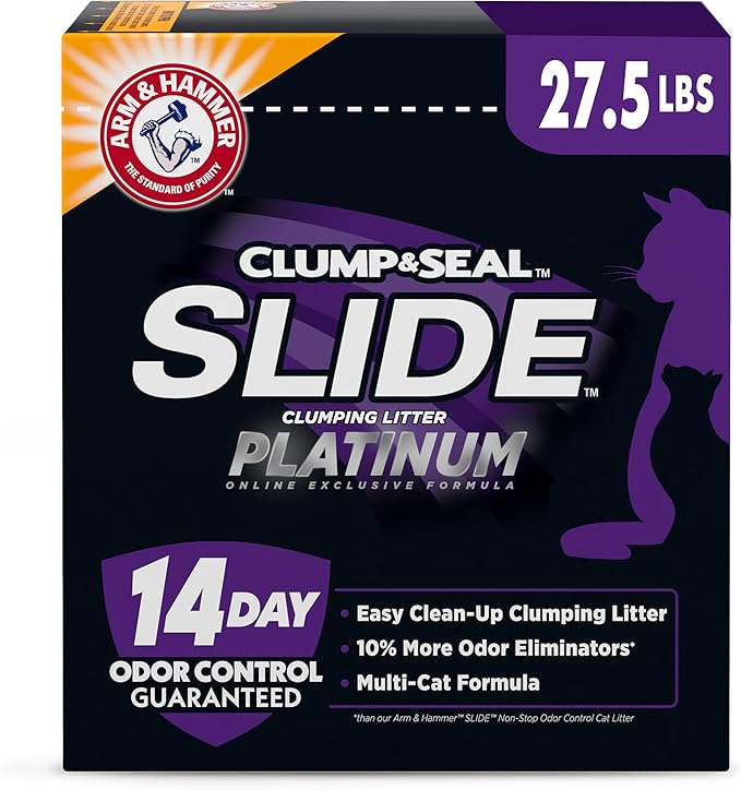 ARM & HAMMER Clump & Seal Slide Platinum Multi-Cat Clumping Cat Litter, 14-Day Odor Control, EZ Clean Technology, 27.5 lbs – No Scrubbing, Powerful Odor Eliminator
