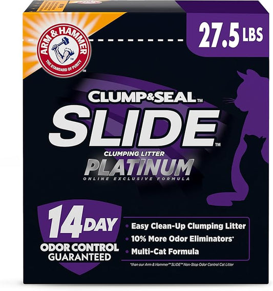 ARM & HAMMER Clump & Seal Slide Platinum Multi-Cat Clumping Cat Litter, 14-Day Odor Control, EZ Clean Technology, 27.5 lbs – No Scrubbing, Powerful Odor Eliminator