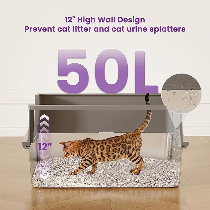 【No Sifting】 Tiuubt XXXL Stainless Steel Litter Box for Cats, 28''x20''x12'' Extra Large Metal Litter Box with High Sided Lid, for Big Cats, Multi-Cat Household, Non-Sticky & Easy to Clean