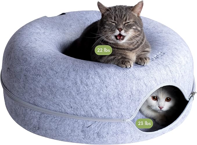 Cattasaurus Peekaboo Cat Cave Donut for Multiple & Large Cats up to 30-45 lbs, 3-in-1 Self Warming Cat Bed, Tunnel & Scratcher for Indoor Cats, Washable & Detachable Small Dog Bed (Light Gray, Large)