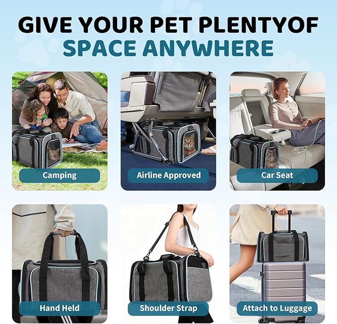 Pet Carrier TSA Airplane Approved - Expandable Soft Cat Dog Carrier, Collapsible Pet Travel Bag Carrier with Foldable Pet Bowl for Large Cats Small Medium Dogs for Camping Vet Visiting 17 * 11 * 11