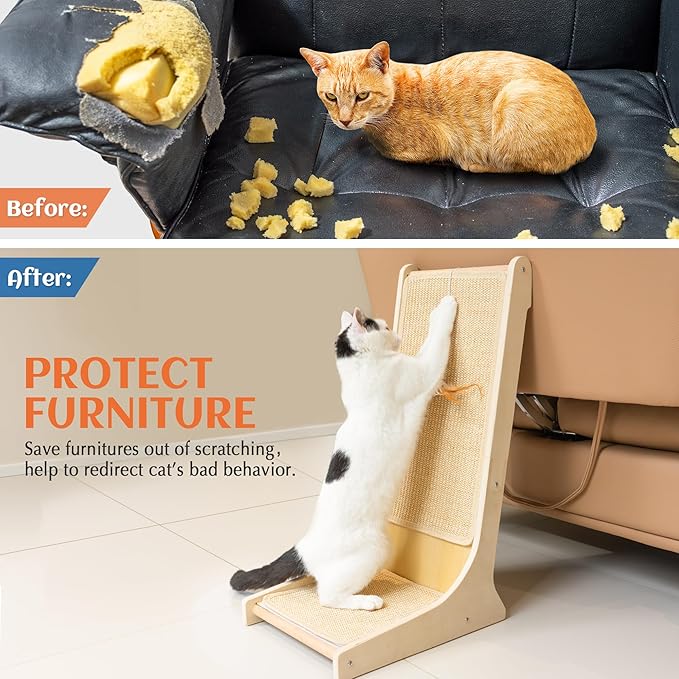 PETKARAY Sisal Cat Scratcher, Upright Cat Scratch Pad Wall Mounted, Vertical Scratching Post Alternative, L Shape Scratching Board 105°