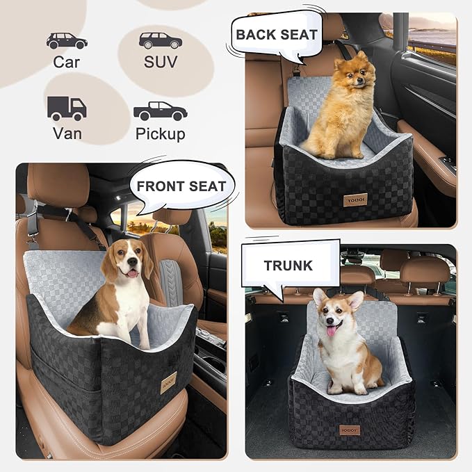 JOEJOY Elevated Dog Car Seat for Small/Medium Dogs up to 35 lbs, Memory Foam Booster Seat with Detachable Washable Cover, Travel-Safe Car Bed with Safety Belts & Storage Pockets, Grey