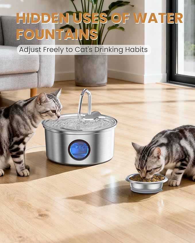 Cat Water Fountain Stainless Steel - 108oz/3.2L Ultra-Quiet Cat Fountain for Drinking with Removable Water Bowl, Kitty Spout Fountain with 3 Filters Supplies for Cats, Small Dogs, Multiple Pets