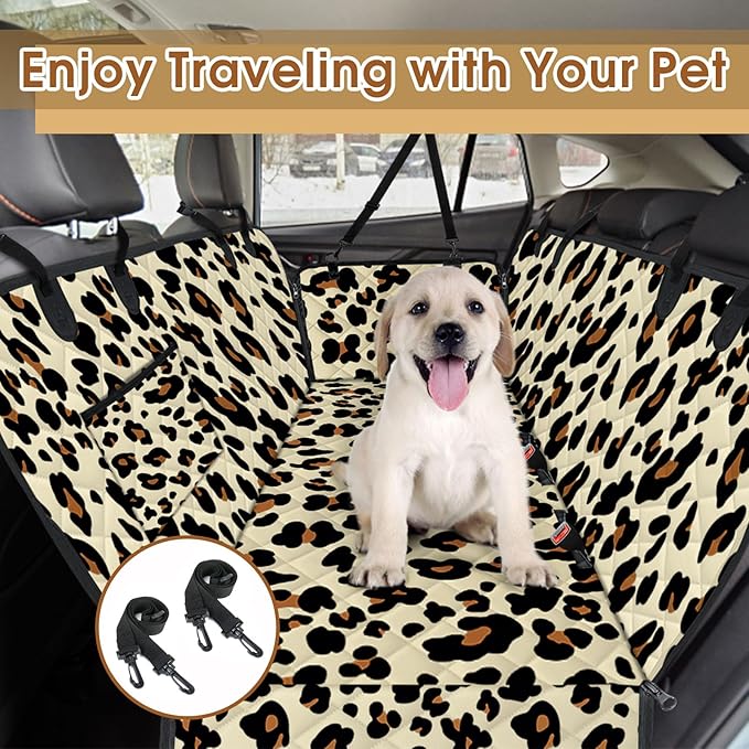 Waterproof Dog Car Seat Cover for Back Seat - Durable, Scratch Proof Pet Hammock with Nonslip Design & Storage Pockets, Fits Cars, SUVs, Trucks- S, Leopard/Black