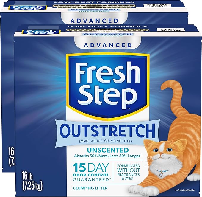 Fresh Step Outstretch Advanced Long Lasting Clumping Litter Simply Unscented, Activated Charcoal Litter Lasts 50% Longer, 32 lbs. (2 x 16 lb. Box)