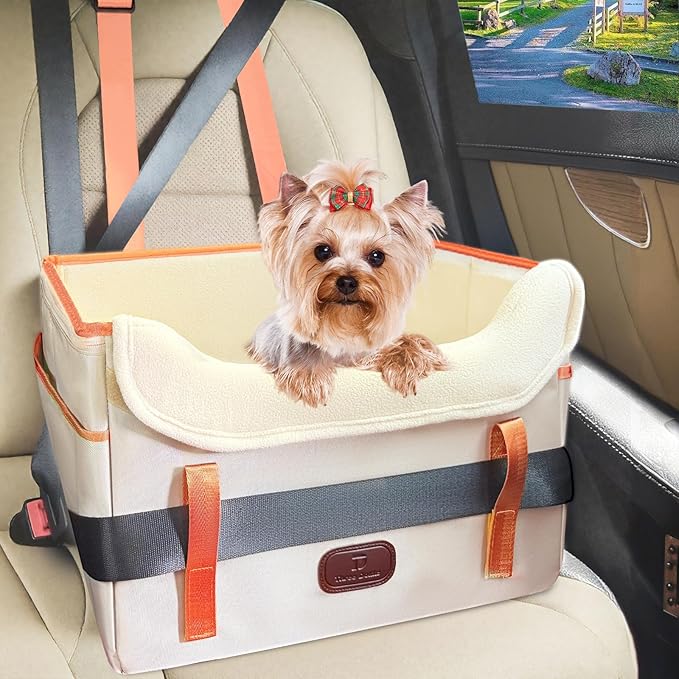 Dog Car Seat for Small Dogs, Fuzzy Dog Car Seat Stable, Waterproof, Foldable with Clip-On Safety Leash, Pet Booster Seat Suitable for Front and Rear Seats (Khaki1-25lbs)