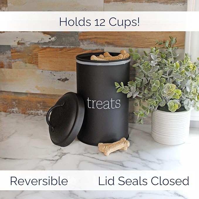 AuldHome Design Enamelware Dog Treat Jar (Black), Large Modern Farmhouse Pet Treats Container