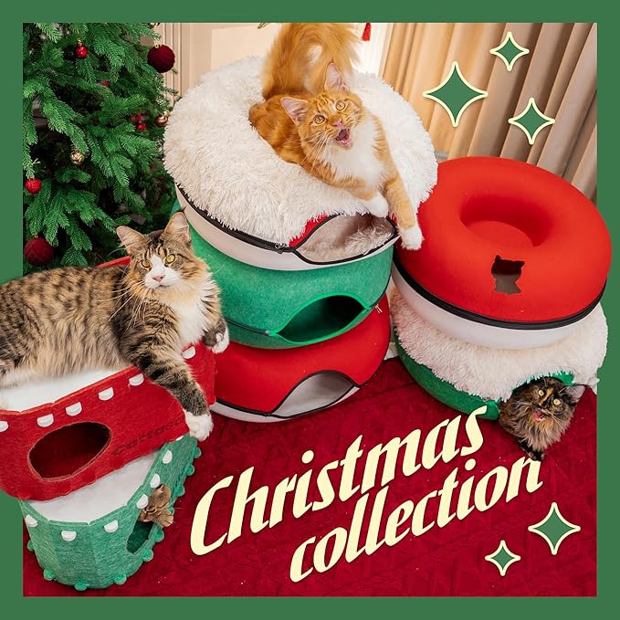 CATTASAURUS Peekaboo Cat Cave for Multiple & Large Cats Up to 30-45 Lbs, Fluffy Cat Beds for Indoor Cats, Scratch Detachable & Washable Tunnel Bed, Comfy Donut Cave (Dark Gray, Large (Calming))