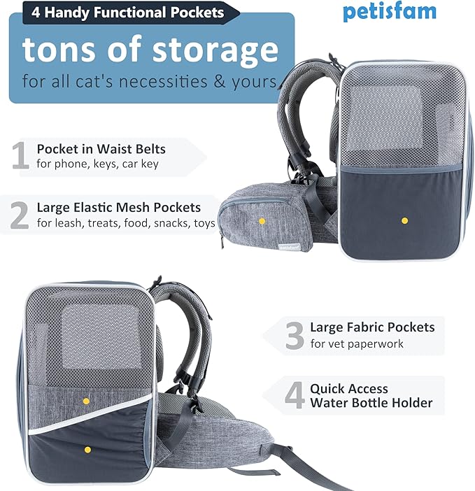 petisfam Ergonomic Design Pet Backpack Carrier for Medium Cats and Small Dogs. Better Stability and Less Turbulence, Well Padded, 4 Pockets, Breathable, Easy Storage