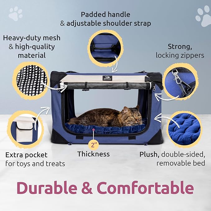 Cat & Dog Pet Carrier, Soft-Sided, Medium 20"x13"x13" Fits Most Cats or Small Dog, Comfortable for Travel & Vet Visits, Privacy Windows, Removable Plush Bed, Locking Zippers, Folds Flat