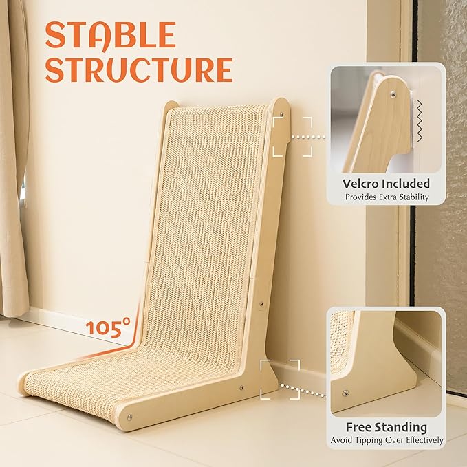 PETKARAY 105° Sisal Cat Scratcher, Sisal Scratch Pad for Indoor Cats, L Shape Kitten Scratching Board, Sturdy Floor Mounted Scratcher with Catnip