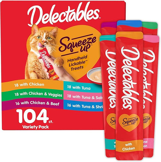 Hartz Delectables Squeeze Up Variety Pack, Creamy Squeezable Puree, Lickable Wet Cat Treats, Grain Free, No Added Fillers, No by-Products, No Added Preservatives, 0.5 Ounces Tube, 104 Tubes Total