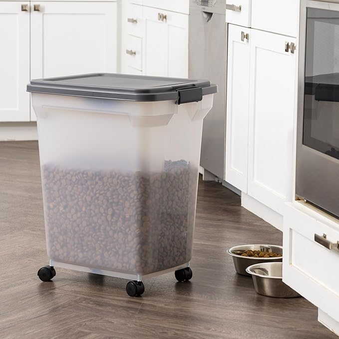 IRIS USA Dog Food Storage Container 40 lbs, Attachable Wheels, & Included Scoop, for Dog Cat Birds and other Pets, Food Storage Bin, Keep Fresh, Easy Mobility, BPA Free - Made in the USA, Dark Gray