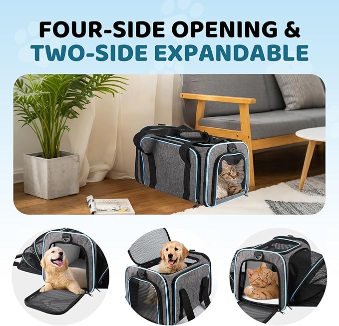 Pet Carrier TSA Airplane Approved - Expandable Soft Cat Dog Carrier, Collapsible Pet Travel Bag Carrier with Foldable Pet Bowl for Large Cats Small Medium Dogs for Camping Vet Visiting 17 * 11 * 11
