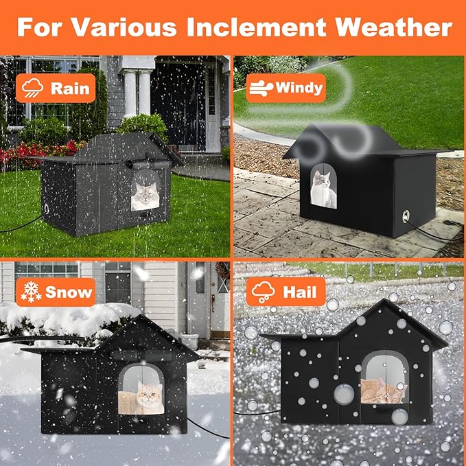 Large Heated Cat House for Outdoor Cats in Winter, Weatherproof Feral Cat Shelter with 2 Pads, Collaspable Insulated Cat Kennel Outside Stray Cat Hut for Wild Small Animal Rabbit