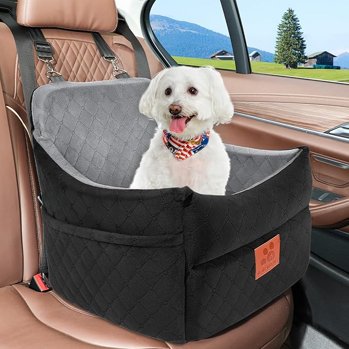 Dog Car Seat for Small/Medium Dogs, Dog Booster Car Seats with Thick Cushion for Dogs Under 35lbs, Detachable Washable Pet Carseat with Storage Pockets, 2 Safety Belts(Black/Grey)