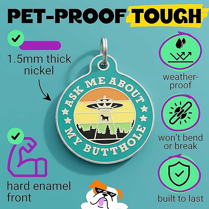 Bad Tags Personalized Dog & Cat ID Tags - Choose from 25+ Tag Designs - Free 5 Lines Custom Engraved - Unique, Cute, Funny, Sassy Pet Tag (Ask Me About My Butthole - Teal, Small (1 inch))