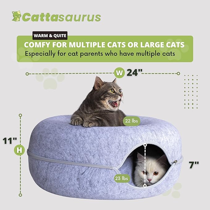Cattasaurus Peekaboo Cat Cave Donut for Multiple & Large Cats up to 30-45 lbs, 3-in-1 Self Warming Cat Bed, Tunnel & Scratcher for Indoor Cats, Washable & Detachable Small Dog Bed (Light Gray, Large)
