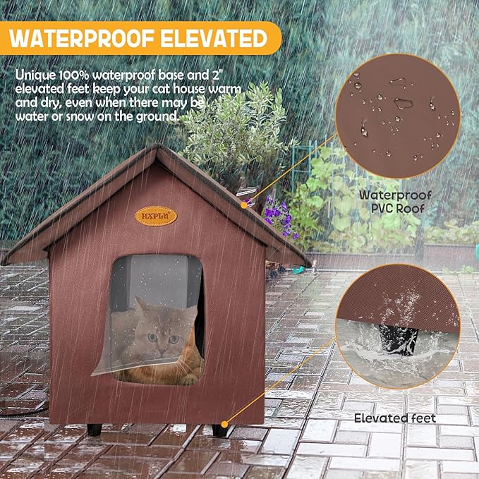 Heated Cat Houses for Outdoor Cats - Elevated Weatherproof Insulated Heated Outdoor Cat House for Winter - Feral Cat Shelter for Outside Cats - Outdoor Heated Cat House (Brown)