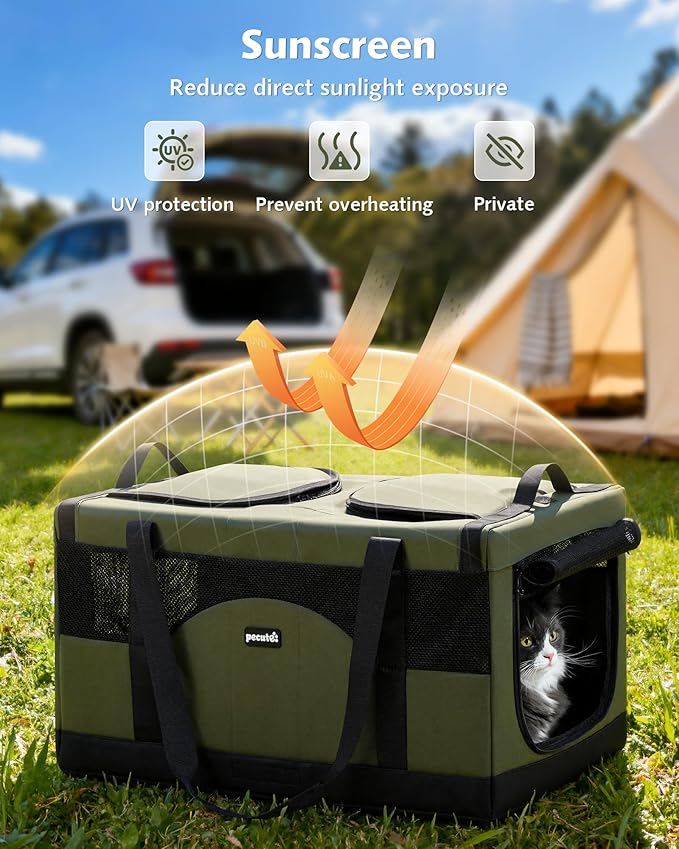 Pecute Cat Carrier for 2 Cats,Dual Cabin Multi Cat Travel Carrier with Removable Divider and Sturdy Frame,Collapsible,Soft,can Hold 20lbs+ for 2 Small Kitten,Medium Dog,Extra Large for Travel,Green