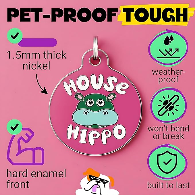 Bad Tags Personalized Dog & Cat ID Tags - Choose from 25+ Tag Designs - Free 5 Lines Custom Engraved - Unique, Cute, Funny, Sassy Pet Tag (House Hippo - Pink, Small (1 inch))