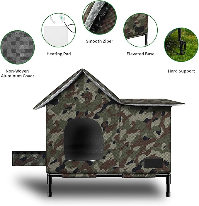 Heated Cat House,Removable Weatherproof Cat Houses for Outdoor Cats with Heating Pad (Camo, Medium)