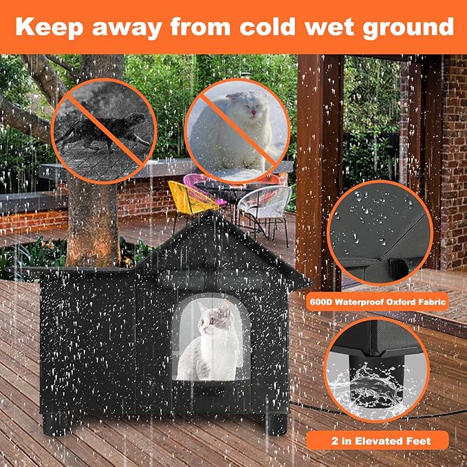 Elevated Large Heated Cat House for Outdoor Cats in Winter, Weatherproof Feral Cat Shelter with 2 Pads, Collaspable Insulated Cat Kennel Outside Stray Cat Hut for Wild Small Animal Rabbit
