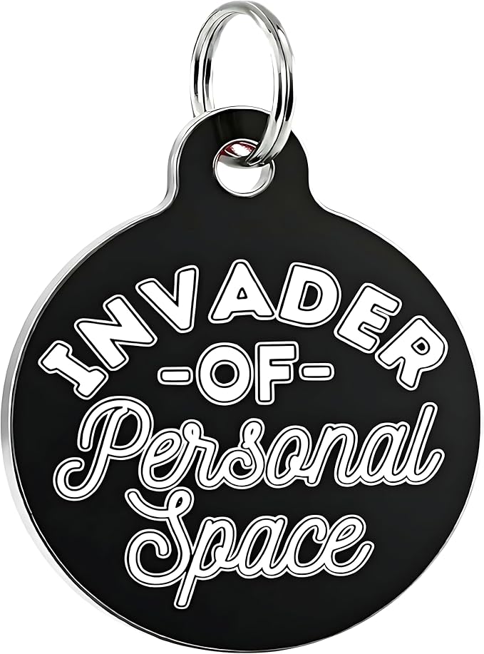 Bad Tags Personalized Dog & Cat ID Tags - Choose from 25+ Tag Designs - Free 5 Lines Custom Engraved - Unique, Cute, Funny, Sassy Pet Tag (Invader of Personal Space - Black, Small (1 inch))
