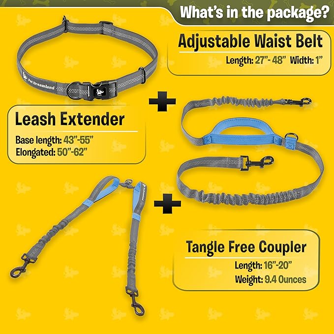 Pet Dreamland Exquisite Hands Free Dual Dog Leash with Tangle-Free Swivel for Large Dogs. Waist Leash for Running with Two Dogs. You Will Absolutely Love This Amazing Dog Walking Belt (Grey and Blue)