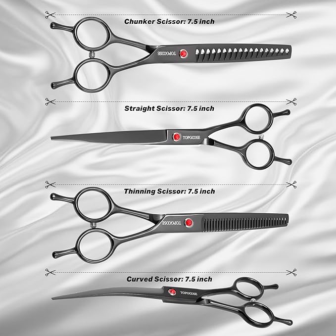 TOPGOOSE Dog Grooming Scissors Kit, Professional 6 in 1 Pet Scissors Sharp Shears Set - Straight, Thinning, Chunker, Curved Shears and Comb for Long Short Hair for Dog Cat (Set, Black)
